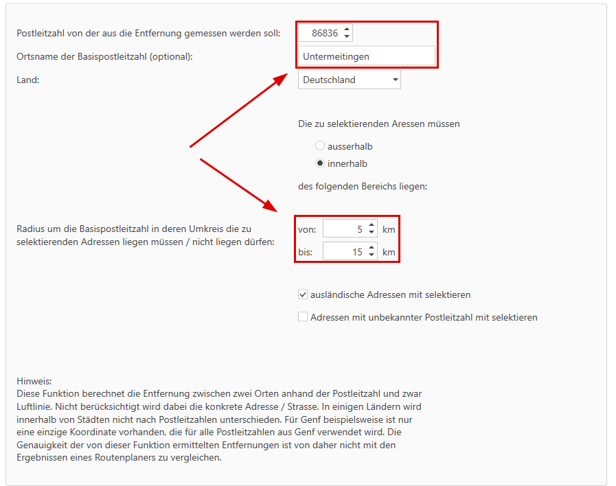 Regionale Adressselektion Optionen