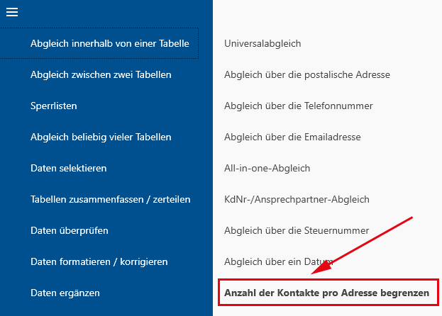 Abgleich über die postalische Adresse Anzahl der Kontakte pro Adresse begrenzen