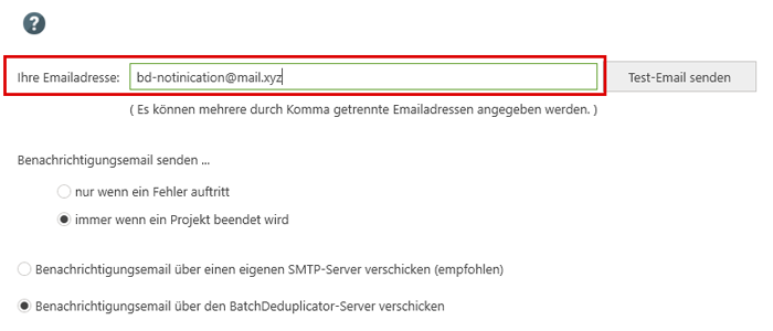 Benachrichtigungsemail, Emailadresse