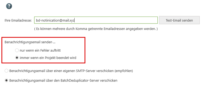Benachrichtigungsemail, Optionen