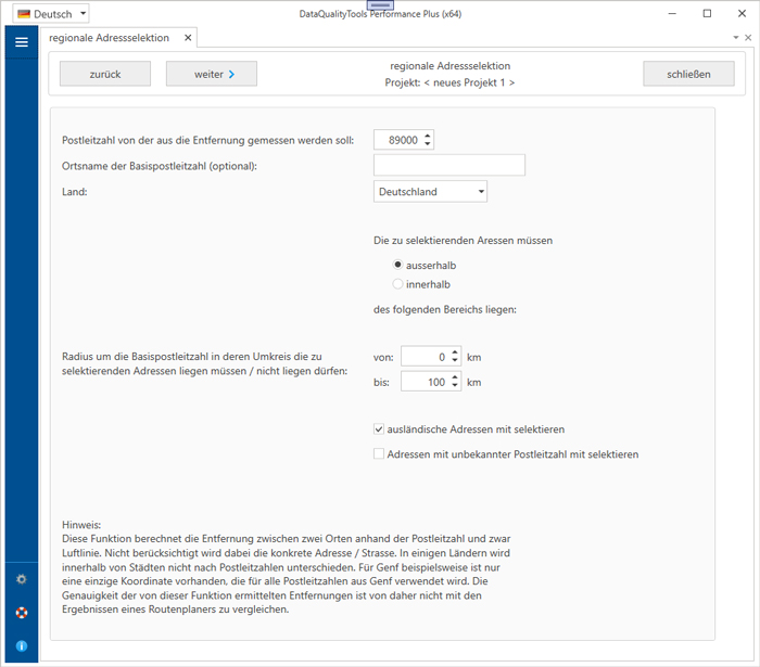 Regionale Adressselektion