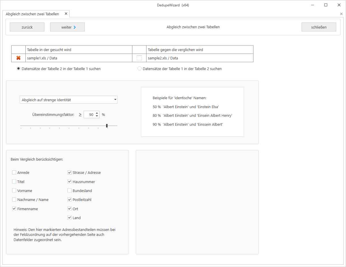 Dublettensuche zwischen zwei Dateien / Tabellen